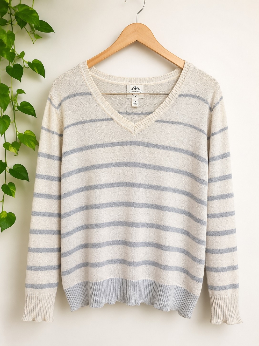 St. John's Bay Cream V-Neck Sweater with Light Gray Stripes